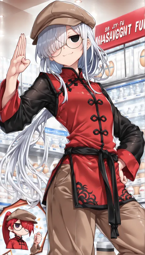 ( masterpiece , best quality , high quality ,8k,)  solo (beautiful-man,:1.4) (23 yo :1.4)  (jitome:1.4) muscular male flat-chest (green-wavy-long-ponytail-hair:1.4) (hair over one eye, bangs, long bangs, :1.4) (round-glasses :1.4) purple-eyes (kahki-newsbo...