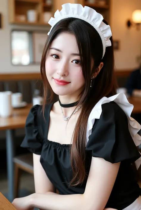 masterpiece, One girl per photo, Upper Body Shot, View from the front, Beautiful korean woman, She is smiling while sitting in a cafe wearing a cute black maid outfit made of short sleeved silk satin., Wearing a white frilly headband, White frilly apron, B...
