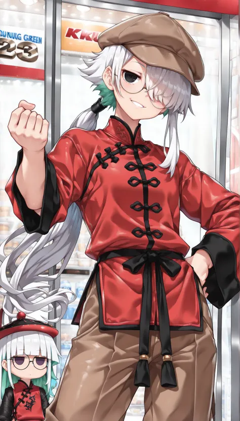 ( masterpiece , best quality , high quality ,8k,)  solo (beautiful-man,:1.4) (23 yo :1.4)  (jitome:1.4) muscular male flat-chest (green-wavy-long-ponytail-hair:1.4) (hair over one eye, bangs, long bangs, :1.4) (round-glasses :1.4) purple-eyes (kahki-newsbo...