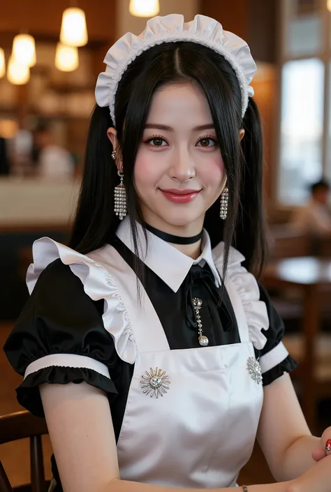 masterpiece, One girl per photo, Upper Body Shot, View from the front, Beautiful korean woman, She is smiling while sitting in a cafe wearing a cute black maid outfit made of short sleeved silk satin., Wearing a white frilly headband, White frilly apron, B...