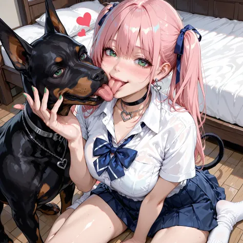 Daytime、Home Bedroom、The bedroom wall is white、 the floor is white 、sitting on the floor、one girl、white short sleeve school shirt with no pattern、nothing blue school ribbon、Nothing Blue School Skirt、black choker with heart pendant、heart shaped silver earri...