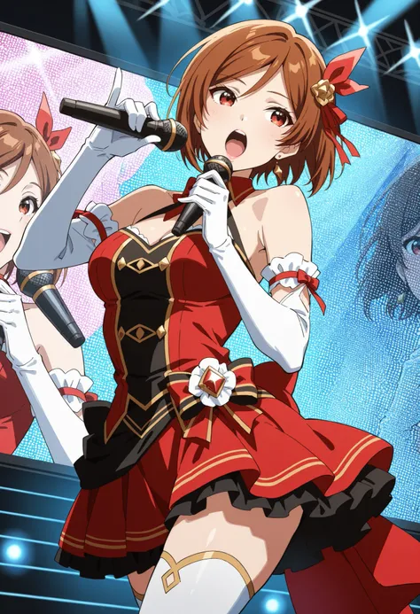 Score_9, score_8_up, score_7_up, source_anime, Sakuraimori Akane, solo, red eyes, brown hair, short hair, medium breasts, (best quality), (high quality), {masterpiece}, extremely delicate and beautiful, ultra-detailed, beautiful detailed eyes, idol, idol c...