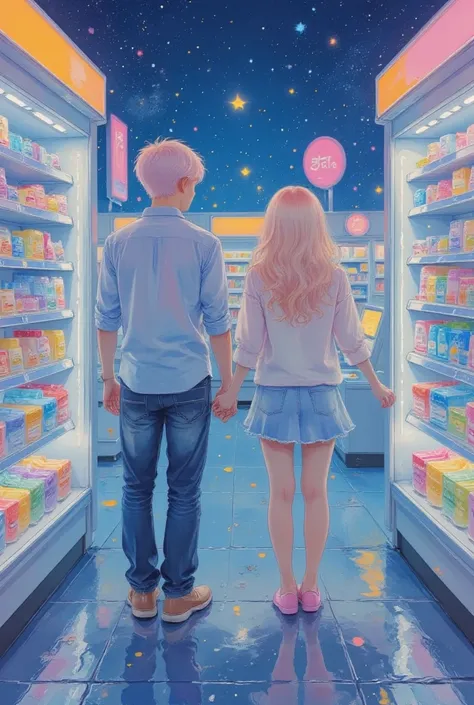best quality, extremely detailed CG, HD, crisp quality, sharp focus, rich contrast, inside a convenience store late at night with the lights on, we see the backs of a couple looking at the shelves, holding hands and enjoying their time together, the color of happiness, various iridescent foggy glitter effect magic, (super detail, enhance, boost) effects, professional lighting effect magic