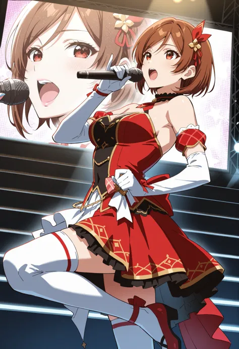 Score_9, score_8_up, score_7_up, source_anime, Sakuraimori Akane, solo, red eyes, brown hair, short hair, medium breasts, (best quality), (high quality), {masterpiece}, extremely delicate and beautiful, ultra-detailed, beautiful detailed eyes, idol, idol c...
