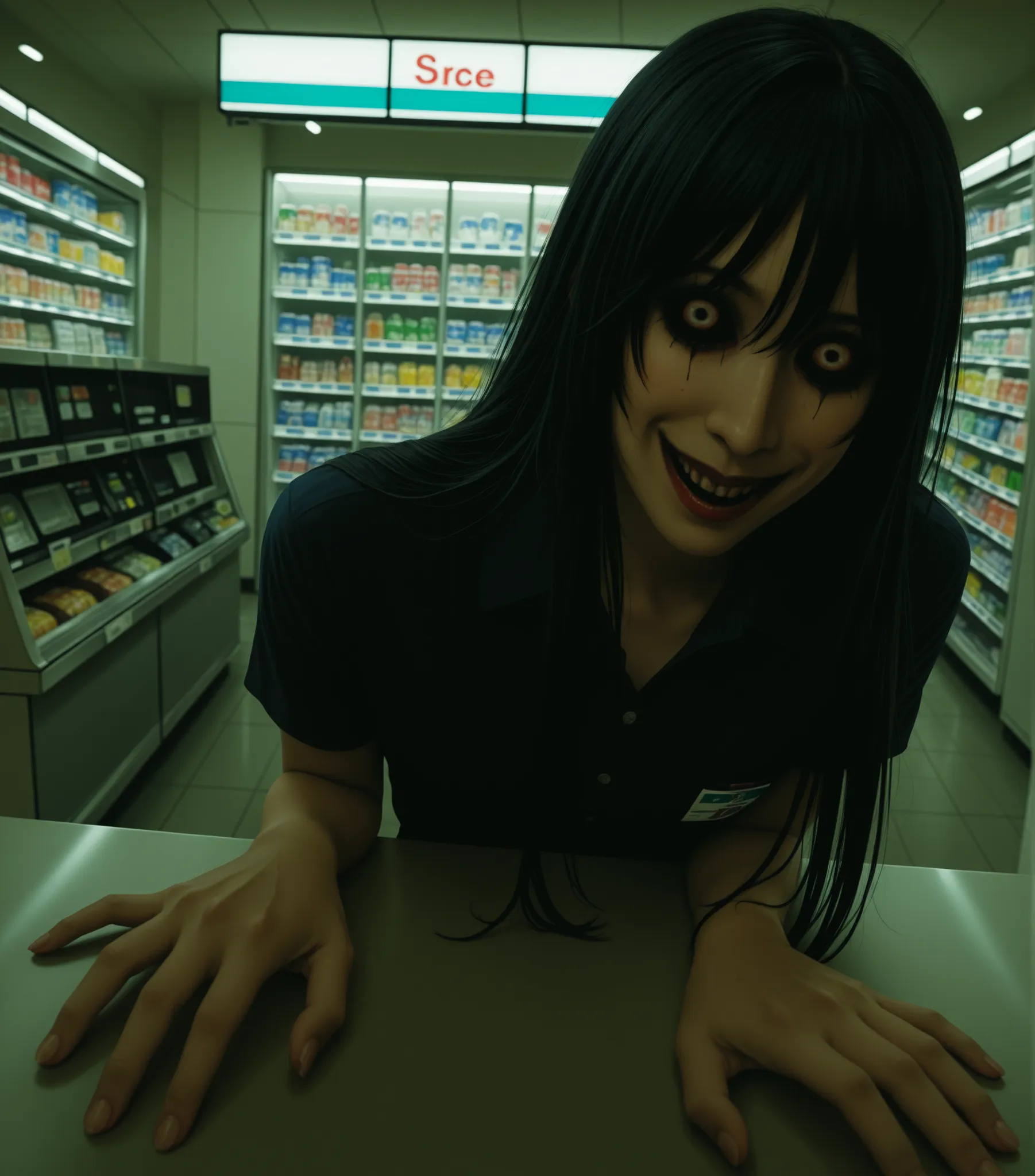 ((RAW Photo), absurd, (absurdresolution)), masterpiece, best quality, (Extremely detailed 8k unity CG wallpaper), (best illustration), (best shadow), Realistic lighting, beautiful detailed glow, ((21 years old)), cashier girl, long black hair, uncanny, pay...