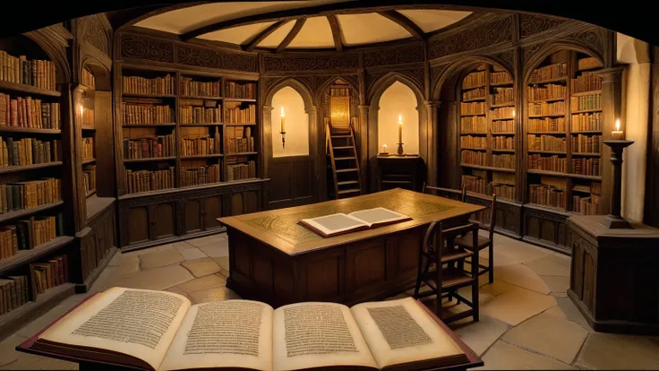 Prompt 88: "Interior of a library reading room with spiral graffiti carved into a wooden desk and flickering candle beside aging texts — late-15th-century illuminated manuscript miniature, tempera and shell-gold on vellum, flat medieval perspective, fine brown-ink outlines, subtle parchment texture, 16:9 aspect, ultra-high-resolution (4K)"
