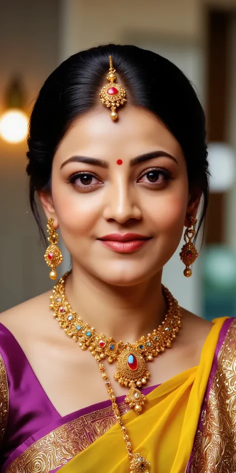 a Beautiful woman with detailed expressive olive-green eyes and "A beautiful Indian woman dressed in a traditional Maharashtrian saree. She is wearing a rich yellow and purple silk saree with intricate golden borders. Her jewelry includes multiple layers...