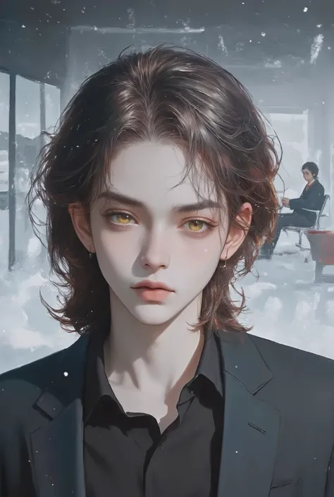 Red-Black hair,  Medium hair, Shoulder-Length hair, Golden Eyes, young man,Beautiful person,Office,snow,masterpiece, accurate, anatomically correct, Highest quality, very detailed, Blazer, Modern World, Face look Alike of Uzumaki naruto, Sitting On the cha...