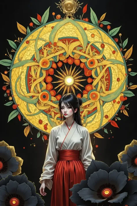 scene where a woman wearing a shrine maiden costume stands in front of a super giant mandala。mandala is huge in size, taking up more than half of the screen, and、green、red、geometric patterns composed of yellow are drawn in detail。greenとオレンジ色の葉の装飾が外縁を飾る。Figures that emerge brightly against a black background、A very big black flower at your feet々 is blooming in the full view。Exquisite Details、4K high definition、realistic texture、Professional Techniques、Expression of Delicate Skin、vivid colors、bokeh light effect、A Japanese Portrait with an Esoteric Atmosphere。surrealism、Symbolic Art 、top quality、High Definition、masterpiece、super definition、absurd。