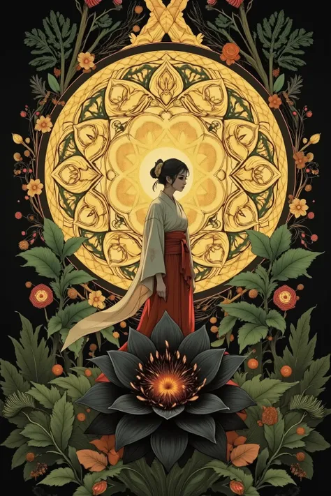 scene where a woman wearing a shrine maiden costume stands in front of a super giant mandala。mandala is huge in size, taking up more than half of the screen, and、green、red、geometric patterns composed of yellow are drawn in detail。greenとオレンジ色の葉の装飾が外縁を飾る。Figures that emerge brightly against a black background、A very big black flower at your feet々 is blooming in the full view。Exquisite Details、4K high definition、realistic texture、Professional Techniques、Expression of Delicate Skin、vivid colors、bokeh light effect、A Japanese Portrait with an Esoteric Atmosphere。surrealism、Symbolic Art 、top quality、High Definition、masterpiece、super definition、absurd。