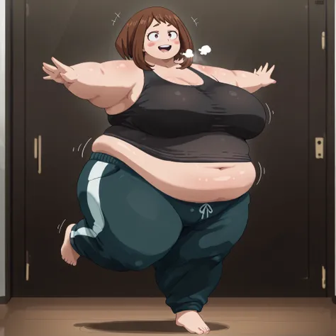  uraraka ochako,  1girl , brown hair,brown eyes,short hair, blush stickers、 My Hero Academia、motion line、 Anime Coloring、、Big 、mature female、 Masterpiece、 high quality、 high image quality、 pretty finger、 detailed face, tank top, black shirt, sweatpants, da...