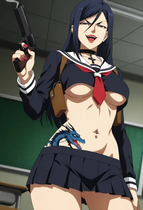 anime coloring, marikurihara, mature female, 1girl, long hair, blue hair, hair between eyes, green eyes, lipstick, nail polish, collar, , ear piercing, barbell piercing, makeup , ear piercing, long hair, , lipstick,Hot girl, baddie, smoking, sensual, att...