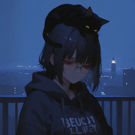 1girl, one girl with short black hair wearing an oversized black hoodie, dark eyes, glasses, black cat on head, (cinematic lighting, masterpiece, beautiful, depressing, shades of blue, night city life background)