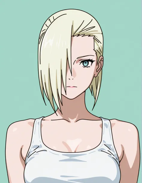  Beautiful woman in her 30s, blonde hair, long thin face, blue eyes, thin face, short hair, slicked back, emo bangs falling over one eye (Yamanaka Ino bangs), tall athletic woman, white top, thin face. Masterpiece, best quality, 2D, flat shading, flat illu...