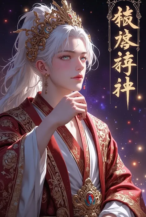 An adult man with long, flowing white hair and light skin, likely East Asian ethnicity. He is positioned slightly off-center to the left of the image, and he's wearing a traditional, ornate, red and gold-trimmed robe, suggesting a historical or fantastical...