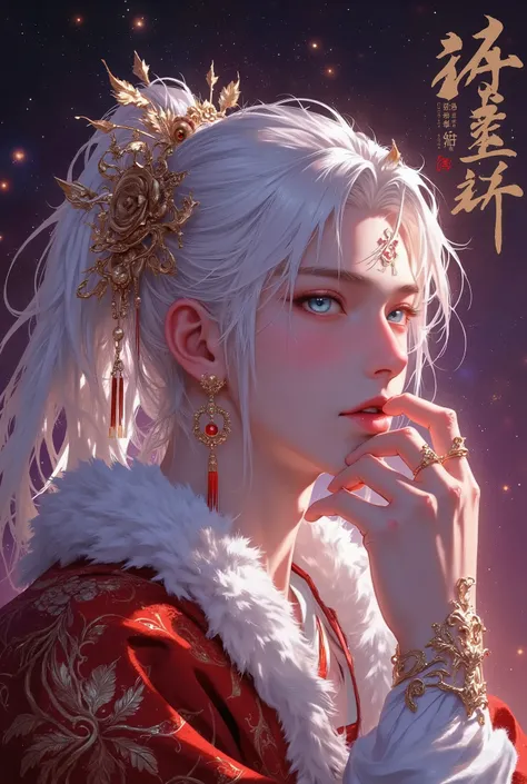 An adult man with long, flowing white hair and light skin, likely East Asian ethnicity. He is positioned slightly off-center to the left of the image, Ornate, and he's wearing a traditional Hanfu, red and gold-trimmed Hanfu, suggesting a historical or fant...
