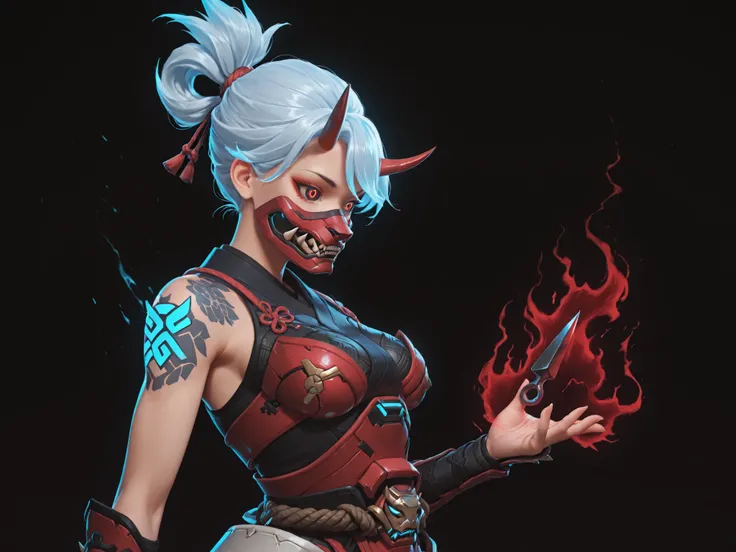 Kiriko Oni from Overwatch 2, wearing her complete Oni skin with full original details: curved horned demon mask, glowing red eyes, modernized traditional Japanese clothing with magical accents, kunai in hand, hair tied with fox ornament. Combat stance with...