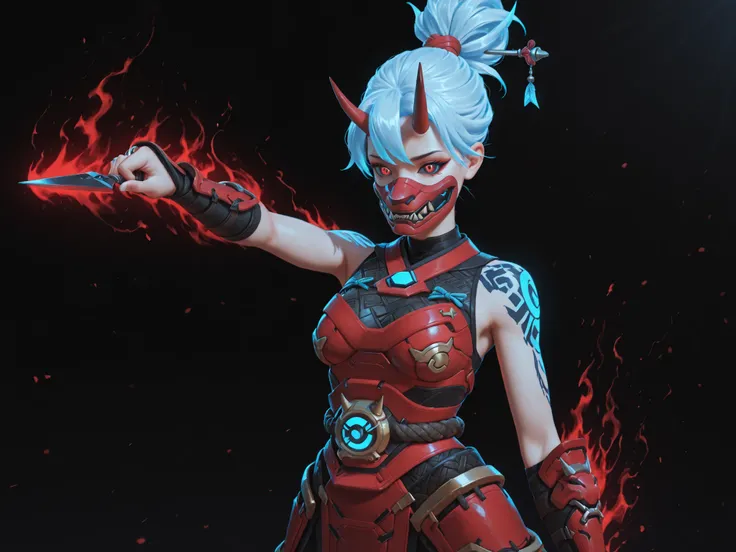 Kiriko Oni from Overwatch 2, wearing her complete Oni skin with full original details: curved horned demon mask, glowing red eyes, modernized traditional Japanese clothing with magical accents, kunai in hand, hair tied with fox ornament. Combat stance with...