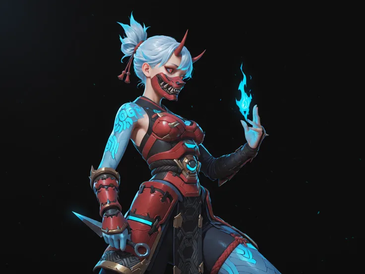 Kiriko Oni from Overwatch 2, wearing her complete Oni skin with full original details: curved horned demon mask, glowing red eyes, modernized traditional Japanese clothing with magical accents, kunai in hand, hair tied with fox ornament. Combat stance with...