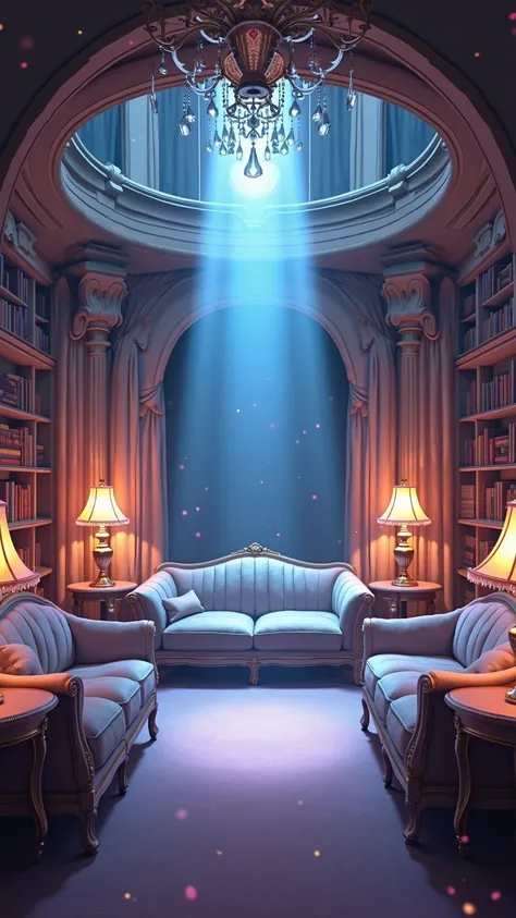 Masterpiece, high resolution, a romantic and luxurious fantasy digital painting of a magical private lounge. The subject is an opulent, circular room filled with plush furniture and bookshelves. The composition is a wide, symmetrical, and theatrical eye-level shot in a 2:3 aspect ratio. A dramatic, cool blue volumetric beam of moonlight streams from a high central window, creating a spotlight on an elegant sofa. This is contrasted by the warm, golden glow from ornate crystal chandeliers and floor lamps that illuminate the rest of the room. The style is soft and painterly, creating a dreamy, magical atmosphere filled with floating, sparkling light particles. The color palette is a beautiful juxtaposition of cool blues and violets in the center and warm pinks and golds on the periphery. The level of detail is exceptional, from the rich velvet texture of the sofas and the intricate facets of the chandeliers to the sheer fabric of the curtains, creating a profoundly cozy, romantic, and enchanting mood of luxurious serenity.
