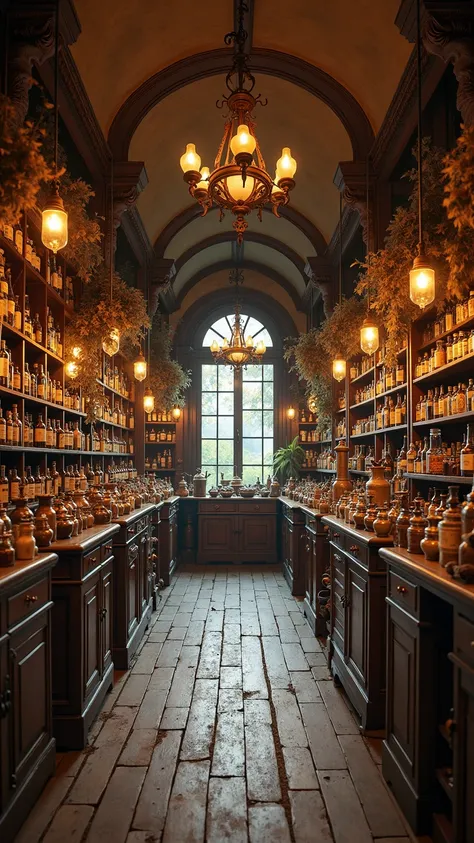 Masterpiece, high resolution, a professional interior photograph of a traditional, old-world apothecary shop. The subject is a view down the central aisle of the charming, cluttered shop, with its distinctive vaulted ceiling. The composition is a perfectly symmetrical, wide-angle shot in a 2:3 aspect ratio, captured on a Canon EOS R5 with a 24mm lens at f/11 for maximum depth of field. The lighting is warm and inviting, sourced from antique chandeliers and wall sconces that cast a soft, golden glow. The style is photorealistic and atmospheric, capturing the historical charm. Dark wood cabinets and shelves line the walls, packed with hundreds of antique glass bottles and ceramic jars. Large bunches of dried herbs hang from the ceiling. The color palette is warm and earthy, dominated by browns and golden yellows. The level of detail is exceptional and overwhelming, with every single bottle, dried leaf, and wood carving rendered in hyper-sharp focus, creating a profoundly cozy, historical, and magical atmosphere of ancient knowledge and natural remedies.
