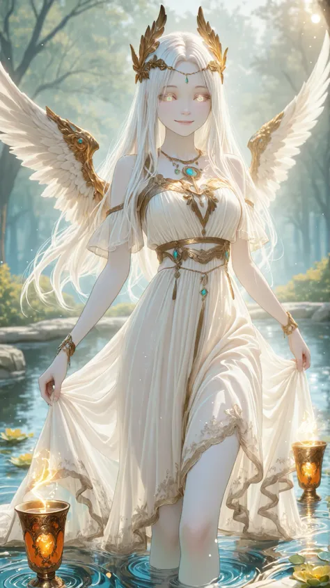 Dynamic perspective angle shot, A digital art image shows the winged angel of temperance, long white hair, albino skin,glowing light sapphire eyes, stand firm on pond water. She has a calm smile watching her cups .She is dress in translucent thin dress, c...