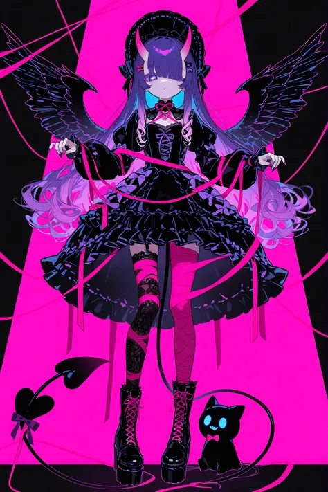 The demon girl is the devil/ pastel gothic. She has pale skintone,petite miniature bodybuilding with flat chest. She has purple eyelashes and purple eyebrows to match her hair. She has very longest curly lush purple hair with pink  gradient on tips,straigh...