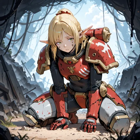 one girl、Elf、Freelen、Tired expression、sit on the ground、Camping、My face and body are dirty、mechanical armor、World of Warhammer、rubble、Ruined landscape、war、masterpiece、top quality、