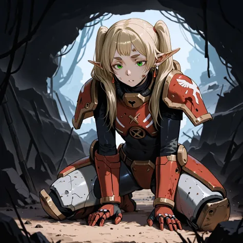 1 girl、Freelen、green eyes、灰色の髪:1.5、twin tails、thick eyebrows、pointed ears、earrings、Tired expression、sit on the ground、Camping、My face and body are dirty、mechanical armor、World of Warhammer、rubble、Ruined landscape、war、masterpiece、top quality、