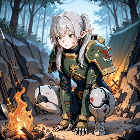 1 girl、Freelen、green eyes、gray hair:1.5、twin tails、thick eyebrows、pointed ears、earrings、Tired expression、Camping、bonfire、My face and body are dirty、mechanical armor、World of Warhammer、rubble、Ruined Scenery、war、masterpiece、top quality、Full Body、bonfireの前に腰を...