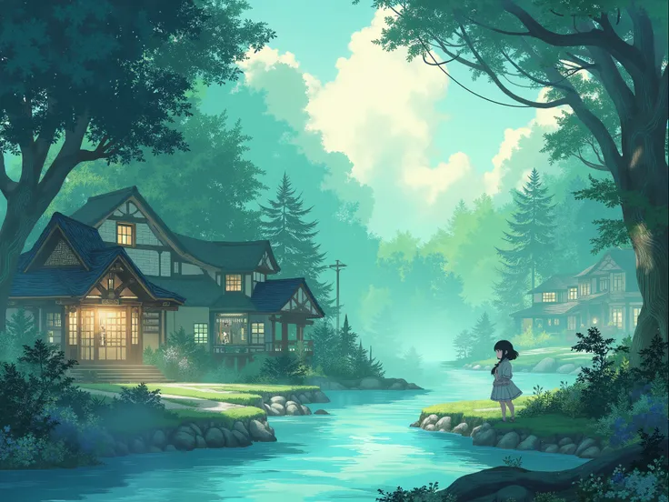 Anime manga , dreamland 、wide shot, hips, Above, cozy houses surrounded by greenery, a river, soft shining light, Japanese painting , magical aura .