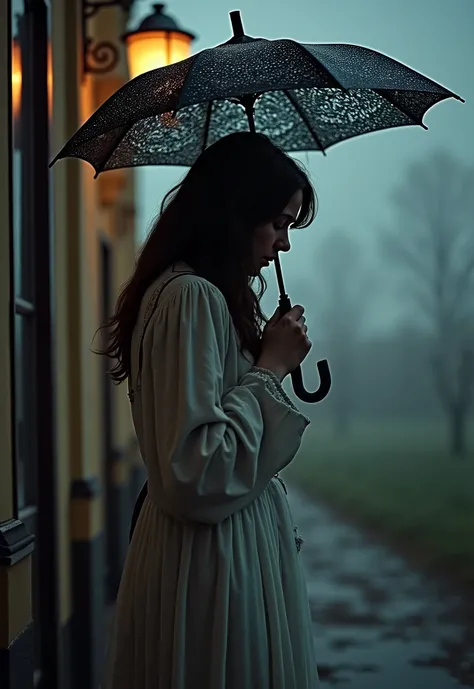 realism, masterpiece, best quality, good quality, very awa, newest, high resolution, absurd, no lines, no outline, 1girl, solo, long_hair, holding, upper_part, outdoors, tears, from_side, profile, umbrella, crying, rain, holding_umbrella, silhouette, chrom...