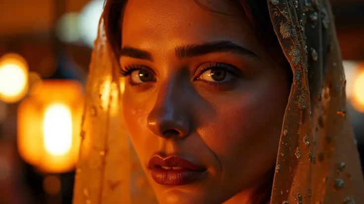 athletic buxom build female lantern merchant in a gauzy gold-embroidered veil and plunging silk halter, frame shows only her right eye, brow, and hint of jeweled nose stud; deep hazel iris shot through with gold, liquid lantern catch-light; hyper-real skin...