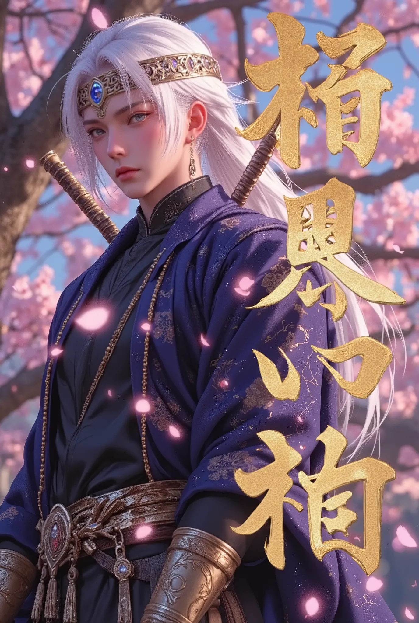 A hyper-realistic, cinematic portrait of Tengen Uzui from Demon Slayer, ultra-HD, ultra-detailed. A tall, strikingly handsome man radiating confidence, charisma, and flamboyant power. His white hair is styled in a long, sleek ponytail, with shorter strands...