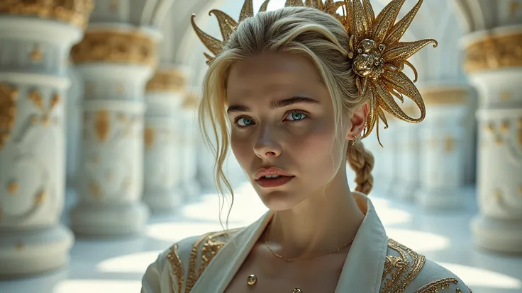 In a breathtaking celestial palace, a futuristic goddess stands as the focal point of the composition, inspired by the intricate styles of Aaron Horkey and Serge Marshennikov. Her flawless porcelain skin glows softly under the gentle embrace of diffused li...