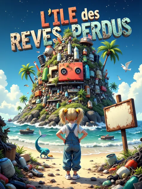 Illustration poster featuring the title: “L'ILE des REVES PERDUS” made in recycled waste and damaged letters in a grunge bold font, this title on top of polluted island hill made of colored trash, with only one palm tree. This island is a friendly creature...