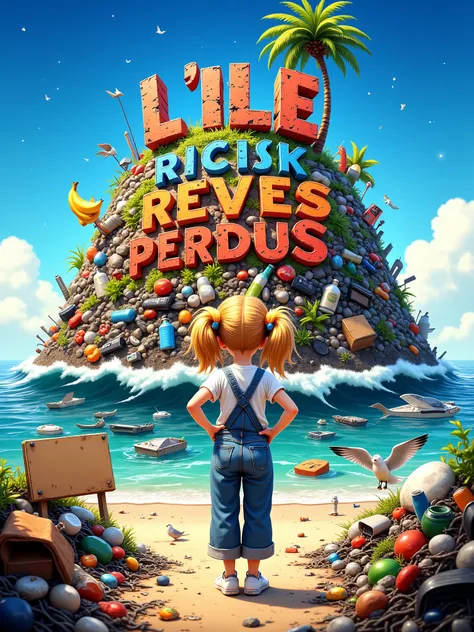 Illustration poster featuring the title: “L'ILE des REVES PERDUS” made in recycled waste and damaged letters in a grunge bold font, this title on top of polluted island hill made of colored trash, with only one palm tree. This island is a friendly creature...
