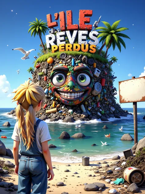 Illustration poster featuring the title: “L'ILE des REVES PERDUS” made in recycled waste and damaged letters in a grunge bold font, this title on top of polluted island hill made of colored trash, with only one palm tree. This island is a friendly creature...