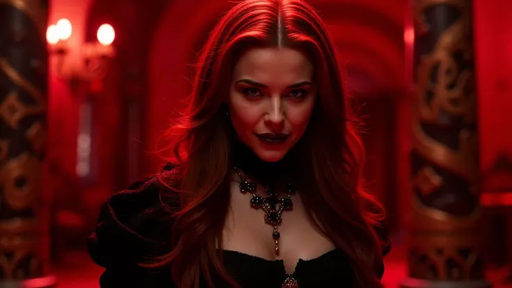 A female vampire, with long red hair wearing red clothes with details and black, Victorian era style, she is in a palace and in red tones, the environment is dark and macabre, she has a mischievous smile on her face, the image has many details with ray tra...