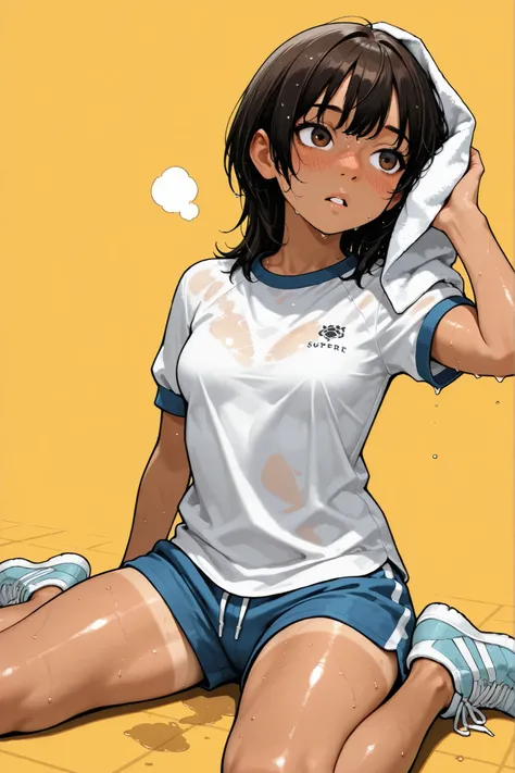 1girl,Super Detailed,absolute resolution,(dynamic angles),pinup,(tanned skin:0.5),(tanlines:0.4),Immediately after running,(Exhausted),sitting,(wariza),(drying),Short length white shirt, gym shirt,(untucked shirt),light blue track shorts,(Wet clothes:0.9),...