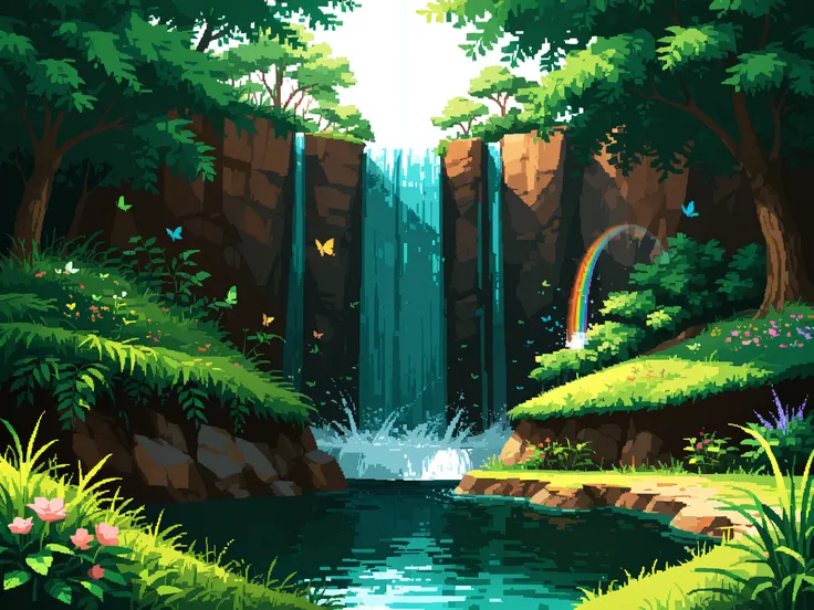 very wide shot, Enchanted, waterfall, rainbow, mist, lush, greenery, butterflies, (overlooking:1.3), pixel art
