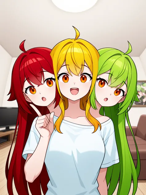 conjoined, anime girl with three heads, vtuber, middle head has yellow hair, right head has red hair, left head has green hair, orange eyes, open mouth, talking to the audience, finger pointing up, living room, live stream