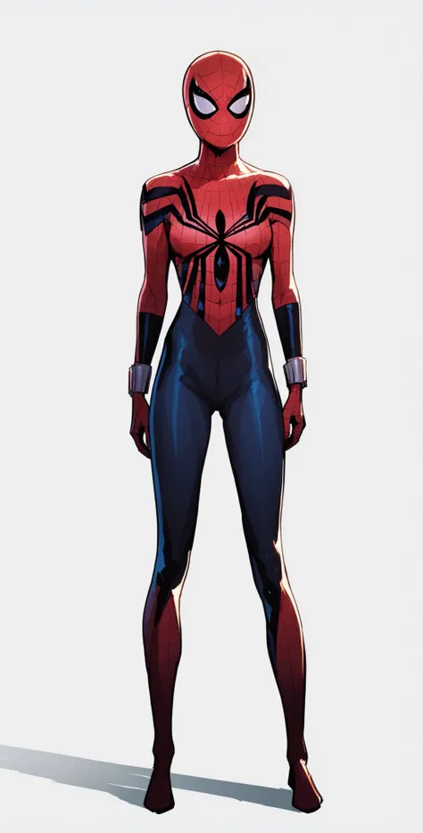 Spider-Girl arms by sides, empty handed, standing pose, full body shot, facing viewer, facing forward, seductive smile, plain white background 