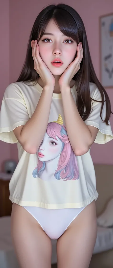23yo woman, standing, hands on face with a shocked expression, looking at herself in a mirror, back view, visible ass with white panties, wearing oversized T-Shirt with unicorn drawing, brown hair, light freckles, soft expressive eyes, girly pink bedroom b...