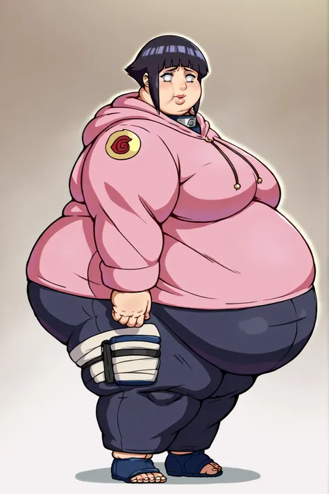score_9, score_8_up, score_7_up, anime screencap BREAK,
1girl, hyuuga hinata, short hair, black hair, no pupils, blunt bangs, shiny hair, white eyes, hoodie, hood down, long sleeves, capri pants, forehead protector, standing, milf, mature, standing, giant ...