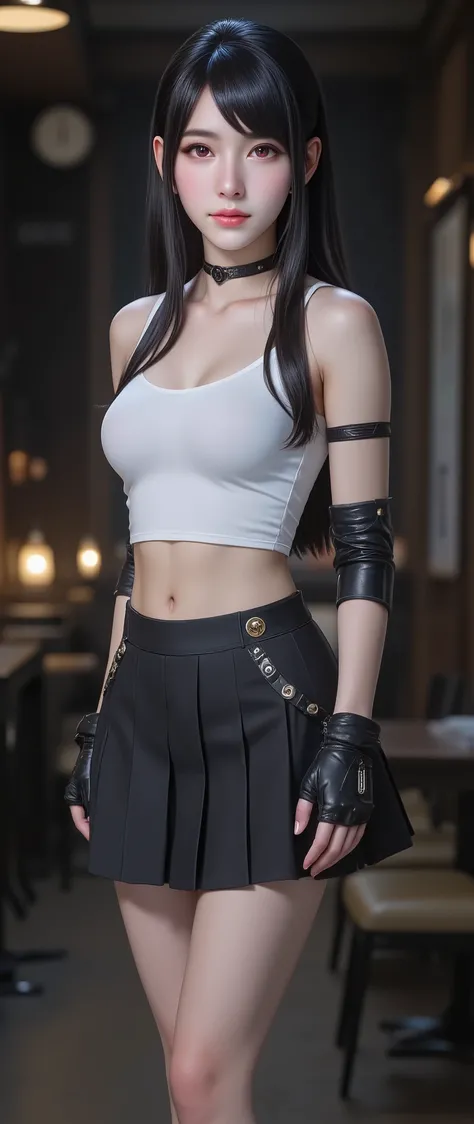 Masterpiece, (highest quality, high resolution, high detail,4K, 8k),(realistic, photorealistic: 1.3),{Tifa_ Lockhart,FF7},break 1girl, Tifa・ Lockhart, ファイナルファンタジーのTifa,( beautiful).  black hair,  long hair tied low ,  Red Eyes, bangs,  white tank top, belt...