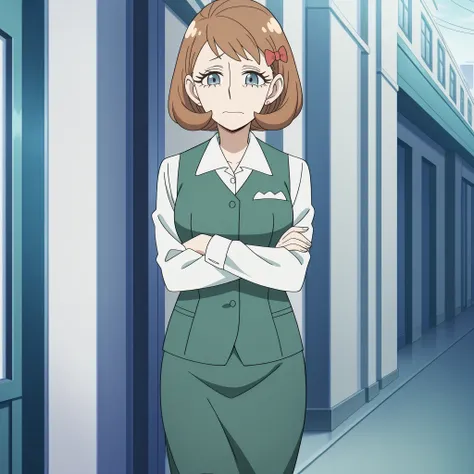 millie myers, millie (spy x family), solo, short hair, bangs, blue eyes, brown hair, hair bow, grey eyes, eyelashes, mature female, medium breasts, anime screencap, collared shirt, white shirt, green vest, green skirt, long sleeves, wrinkled clothes, walki...