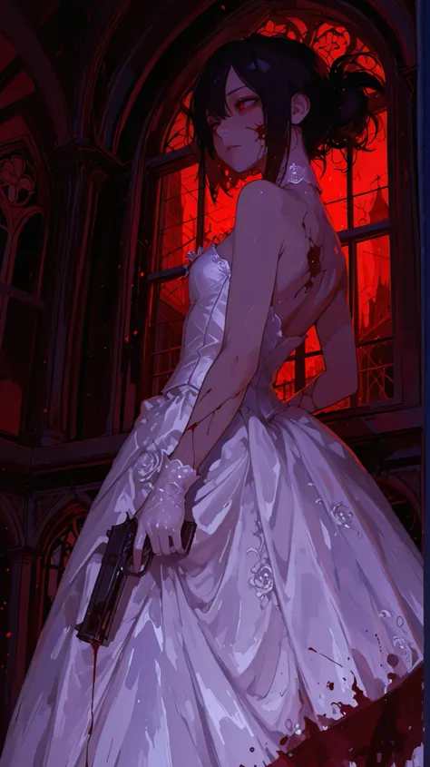 long dress,lace gloves,lace trim, lace choker,highly detailed eyes, good_hands, low-key, sharp style, back lighting, (perfect eyes), best quality, masterpiece, perfect hands, perfect fingers, 1girl, stone cold face, ((holding (small) gun)), ((dark red back...