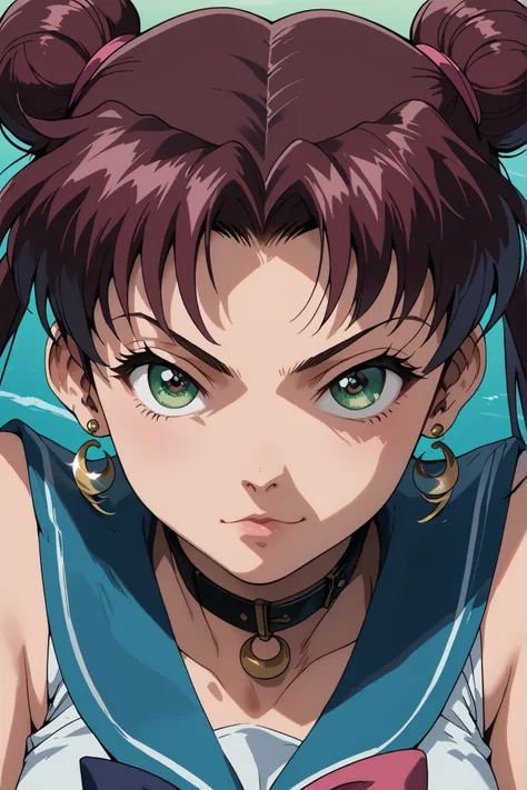 Dark-skinned teenage girl, anime style, Sailor Moon inspired, intense expression, focused gaze, bright green eyes, dark brown hair in two buns, pale cream/off-white top, Sailor uniform style with a bright, coral-pink bow, and light blue sailor collar. Clos...