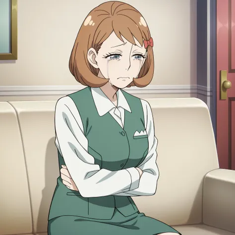 millie myers, millie (spy x family), solo, short hair, bangs, blue eyes, brown hair, hair bow, grey eyes, eyelashes, mature female, medium breasts, anime screencap, collared shirt, white shirt, green vest, green skirt, long sleeves, wrinkled clothes, sitti...